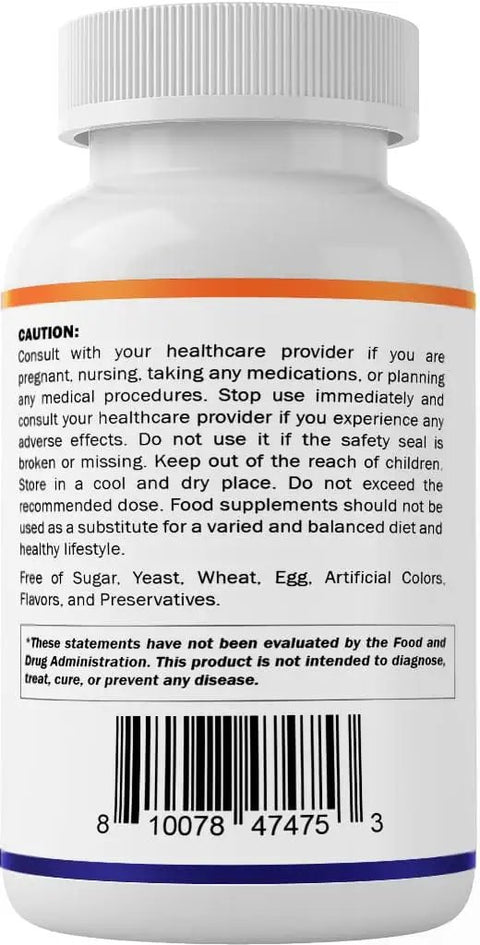 Back label of Lithium Orotate 5mg Mood Support Supplement, 240 Veggie Capsules, Non GMO Gluten Free, showing caution details.