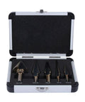 Premium Step Drill Bit Set Featuring Ti-Coated Cobalt HSS For Smooth Holes In Steel Brass And Wood With Anti Slip Hex Shank Grip And Auto Deburring Edges To Keep Your Projects Tight And Ready in open case, 5 bits