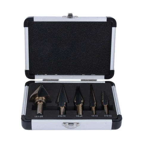 Premium Step Drill Bit Set Featuring Ti-Coated Cobalt HSS For Smooth Holes In Steel Brass And Wood With Anti Slip Hex Shank Grip And Auto Deburring Edges To Keep Your Projects Tight And Ready in open case, 5 bits