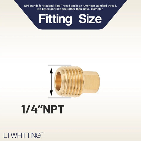 1/4 Inch Male NPT Brass Pipe Plug With Square Head, Cap For Air Water Fuel Transfer, showing fitting size detail.