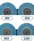 Close-up of four zirconia flap discs from 20 PC 2 Inch Zirconia Mini Flap Discs Quick Change Sanding Set With Grit 40 60 80 120