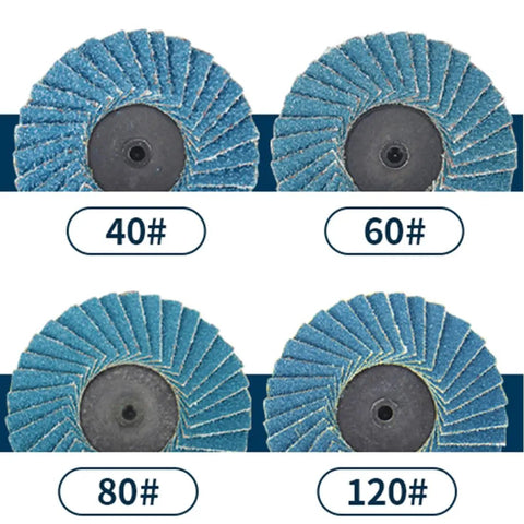 Close-up of four zirconia flap discs from 20 PC 2 Inch Zirconia Mini Flap Discs Quick Change Sanding Set With Grit 40 60 80 120