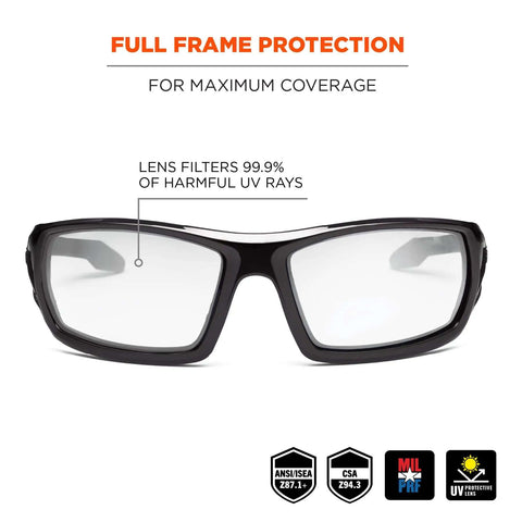 Front view of Skullerz Odin Safety Glasses Black Frame Clear Lenses Built For Real Tough Jobs High Impact Eyewear For Work ANSI Z87.1 Plus