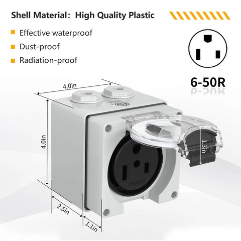 50 Amp NEMA 6-50R Power Outlet Box With Protective Weatherproof Enclosure 250V Heavy Duty Outdoor Receptacle for EVs and Welding.