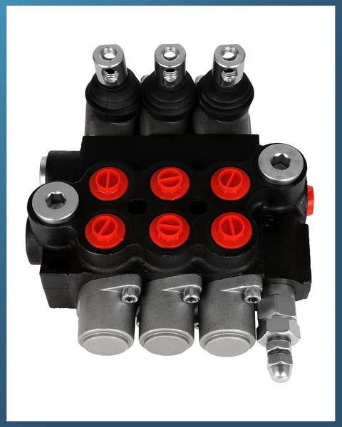 Three-spool hydraulic flow control valve with red port plugs, black body, and silver fittings
