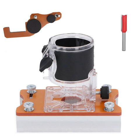 Router Base 2 In 1 Woodworking Trimmer Slotting Auxiliary Positioning Bracket Aluminum Alloy Construction Precision Fit For 65mm Inside Diameter Trimming Machines Durable DIY Shop Essential Built To Last, shown with bits and parts.