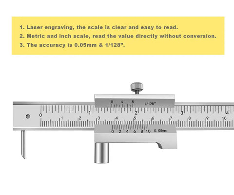 Side view of Parallel Crossed Caliper 0-20 Centimeters (0-8 Inches) with two carbide scriber needles, stainless steel vernier caliper, marking gauge.
