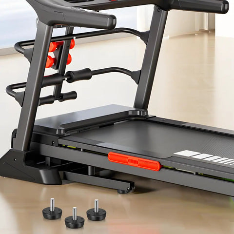 Close-up of M10 Leveling Feet For Treadmills 4 Pack Adjustable Shock Absorbing Pads next to a treadmill on a wooden floor.