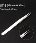 All In One 147 Piece Watch Repair Tool Kit Pro Grade Gear stainless steel tweezers ST-9, 13.5 cm, close-up on black background