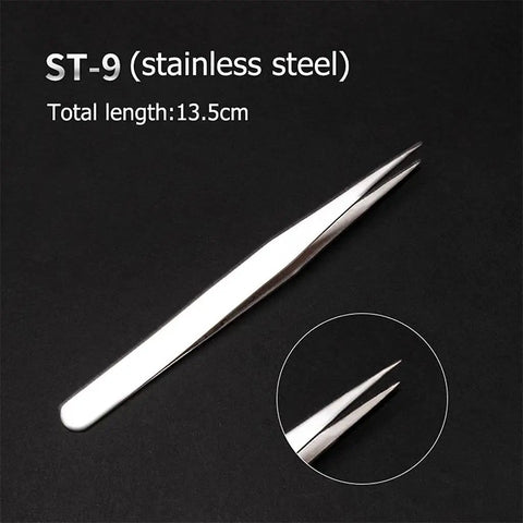 All In One 147 Piece Watch Repair Tool Kit Pro Grade Gear stainless steel tweezers ST-9, 13.5 cm, close-up on black background