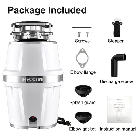 Package contents of the Three Quarter Horsepower Continuous Feed Kitchen Garbage Disposer With Power Cord, super quiet motor, and flange.