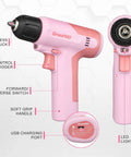 Pink Cordless Drill Kit With Three-Eighths Inch Keyless Chuck, 23-Piece Accessory Set, Built-In LED, Type-C Charge Cable