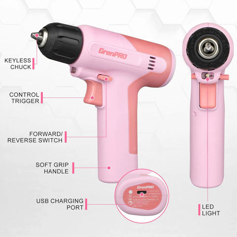 Pink Cordless Drill Kit With Three-Eighths Inch Keyless Chuck, 23-Piece Accessory Set, Built-In LED, Type-C Charge Cable