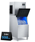 Industrial Ice Maker Workhorse With 550 Lbs Per Day Output And 400 Lbs Storage, stainless steel, front view with open bin.