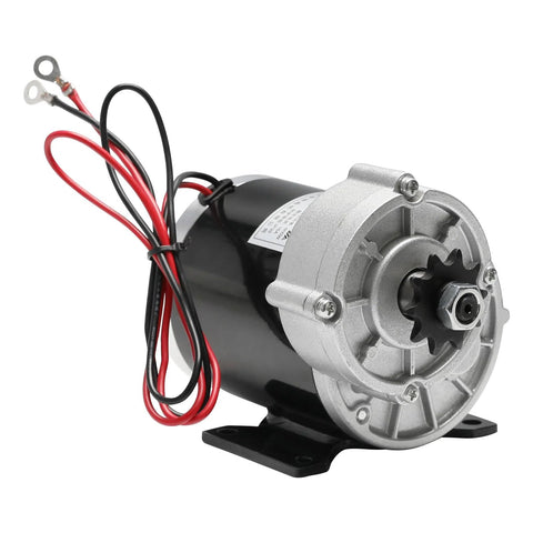 48V 600W DC gear motor side view with silver gear housing and red and black wires