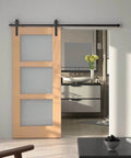 Oil Rubbed Bronze Sliding Barn Door Hardware Kit With 8 Foot Track In Brushed Antique Bronze Finish For Smooth Quiet Sliding And Sturdy J Roller System For Modern Rustic Farmhouse Style Easy Install And Classic Upgrade For Home Or Studio installed in a modern home setting