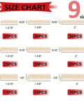 Size chart showing nine sizes of Pro Grade Wooden Dowel Pins Set With Tapered Ends And Beveled Grooves, six to ten millimeter diameters.
