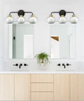 Three Light Bathroom Vanity Light With White Shade In Black Finish Wall Mount Vanity Fixture For Over Mirror Modern Bath Lighting