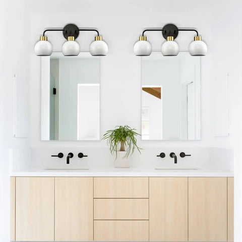 Three Light Bathroom Vanity Light With White Shade In Black Finish Wall Mount Vanity Fixture For Over Mirror Modern Bath Lighting