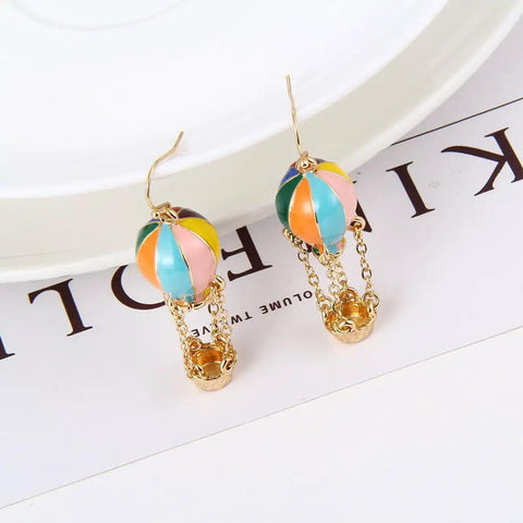 Colorful Enamel Hot Air Balloon Earrings With Gold Tone Chained Basket French Hook Dangle Totally Cute Yellow Balloons Lightweight Alloy Jewelry