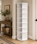 Dope Space-Saving 7-Tier Rotating Shoe Rack With Breezy Assembly And Anti-Tip Strap in white, placed in a home hallway