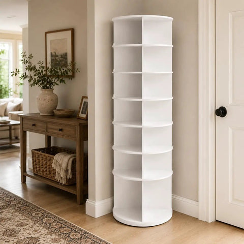Dope Space-Saving 7-Tier Rotating Shoe Rack With Breezy Assembly And Anti-Tip Strap in white, placed in a home hallway