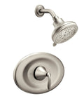 Eva Posi-Temp Eco-Performance Shower Trim Kit Brushed Nickel Conversion with round showerhead and control handle.