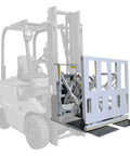 Heavy Duty Forklift Push Pull Attachment For Smooth As Butter Palletless Slipsheet Handling System With Custom Clamps, showing steel frame and clamps.