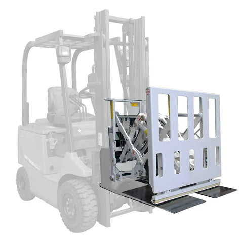 Heavy Duty Forklift Push Pull Attachment For Smooth As Butter Palletless Slipsheet Handling System With Custom Clamps, showing steel frame and clamps.