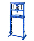 Top Shelf 12 Ton H Frame Hydraulic Shop Press With Height Adjustable Table And Removable Plates for U Joint repairs, blue steel frame.