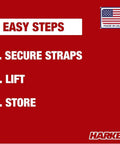 Overhead Garage Hoist System For Lightweight Cargo Carrier To Tuck Kayaks Canoes And Paddle Boards Up High Four Point Hoist 60 LB Max Per Carrier Fits 16 Ft Ceilings Easy One Person Install with three-step installation guide: secure straps, lift, store; made in USA instructions.