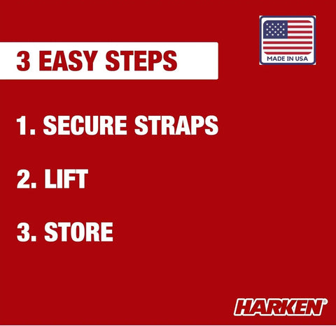Overhead Garage Hoist System For Lightweight Cargo Carrier To Tuck Kayaks Canoes And Paddle Boards Up High Four Point Hoist 60 LB Max Per Carrier Fits 16 Ft Ceilings Easy One Person Install with three-step installation guide: secure straps, lift, store; made in USA instructions.