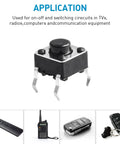 Close-up of a 6x6x5mm momentary tact switch, 4-pin DIP, black push button micro switch for electronics, showing multiple applications.