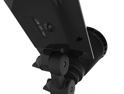 Close-up of Sun Powered 4 LED Solar Spotlight Kit, showing adjustable angle and auto on/off sensor for landscape use.