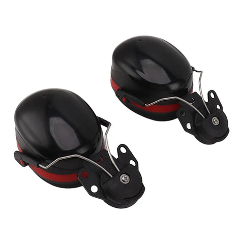 Heavy Duty Hard Hat Earmuffs With Plush Padded Cushions To Crush Loud Racket On The Job Site Adjustable Clips Fit Any Standard Construction Helmet Made From Tough ABS Plastic For All Day Grind - close-up view of earmuffs.