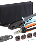 Coaxial Ratchet Crimping Tool Kit With Five Replaceable Jaws For RG Cable And RF Connectors, Rotary Coaxial Cable Stripper And Cable Cutter Piler, Ergonomic Grip For Smooth, Pro Level Crimping, shown with tools and pouch.