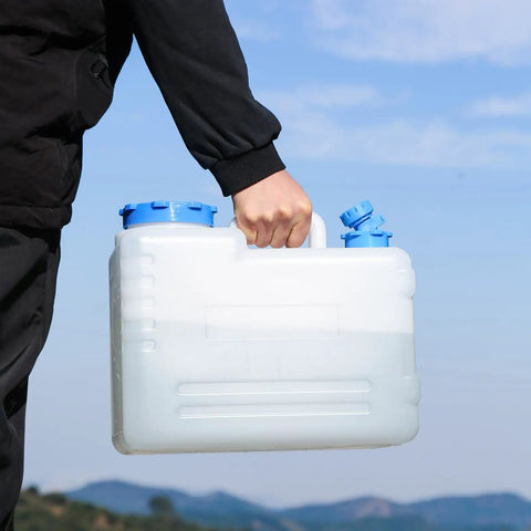 Person carrying 4 Gallon Camping Water Jug With Spigot For Emergency Water Storage Outdoors, Built Tough Food Grade PE Bottle