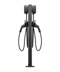 Built Like A Tank Rock Solid Weatherproof EV Charger Pedestal Stand Mount For Dual Electric Car Stations with charging plugs.