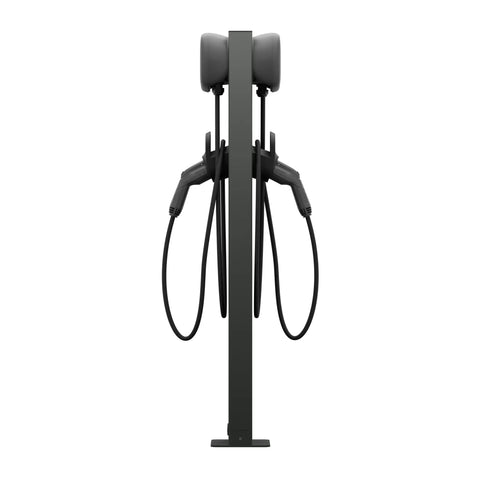 Built Like A Tank Rock Solid Weatherproof EV Charger Pedestal Stand Mount For Dual Electric Car Stations with charging plugs.