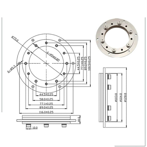 Front view of a 360-degree bidirectional rotating hinge flange, 304 stainless steel with 75 mm mounting hole pattern.