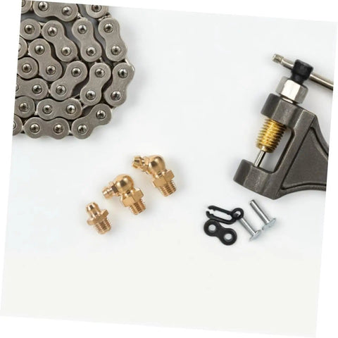 9 Piece Grease Fitting Assortment Kit With Copper Nipples For Cars And Trailers shown with chain and tool components.