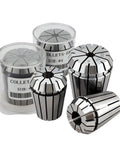High Precision Spring Collet Chuck For CNC Milling Machine ER11 16 20 25 32 Sizes in a display of steel collets.