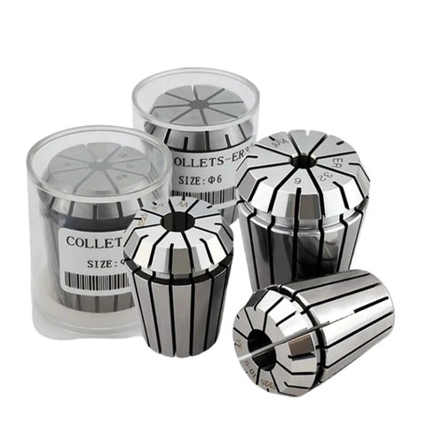 High Precision Spring Collet Chuck For CNC Milling Machine ER11 16 20 25 32 Sizes in a display of steel collets.