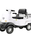 Sleek Two Seater Electric Golf Cart Packing A Badass 800W Motor And Hella Smooth 12 MPH Cruise With Dope 28 Mile Range Easy Hassle Free Plug Into Standard Outlet For Weekend Thrilling Ridin In Classic White Lithium Accent Trim. Image shows compact two-seater electric cart with black seat and modern design.