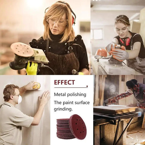 80 Pack 5 Inch Sanding Discs Kit With Pro Grade 8 Hole Sander in use for various DIY projects on wood and metal surfaces.