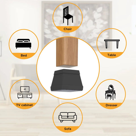 16 Piece Square Chair Leg Protectors Set Silicone Furniture Feet With Felt Pads seen under chair leg with furniture icons