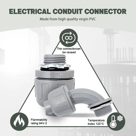 30 Pack One Half Inch Liquid Tight Connectors PVC Conduit Fittings Flexible Non-Metallic Straight 90 And 180 Degree Options
