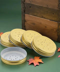 Ten Pack Metal Bee Entrance Feeders 2.87 Inch For Beehives, Durable Water Feeder Lids For Beekeeping Supplies, shown with hive box
