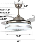 Retractable Ceiling Fan With Light And Bluetooth Speaker, Silent Motor LED Chandelier Style, top view, dimensions shown