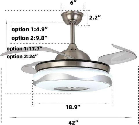 Retractable Ceiling Fan With Light And Bluetooth Speaker, Silent Motor LED Chandelier Style, top view, dimensions shown